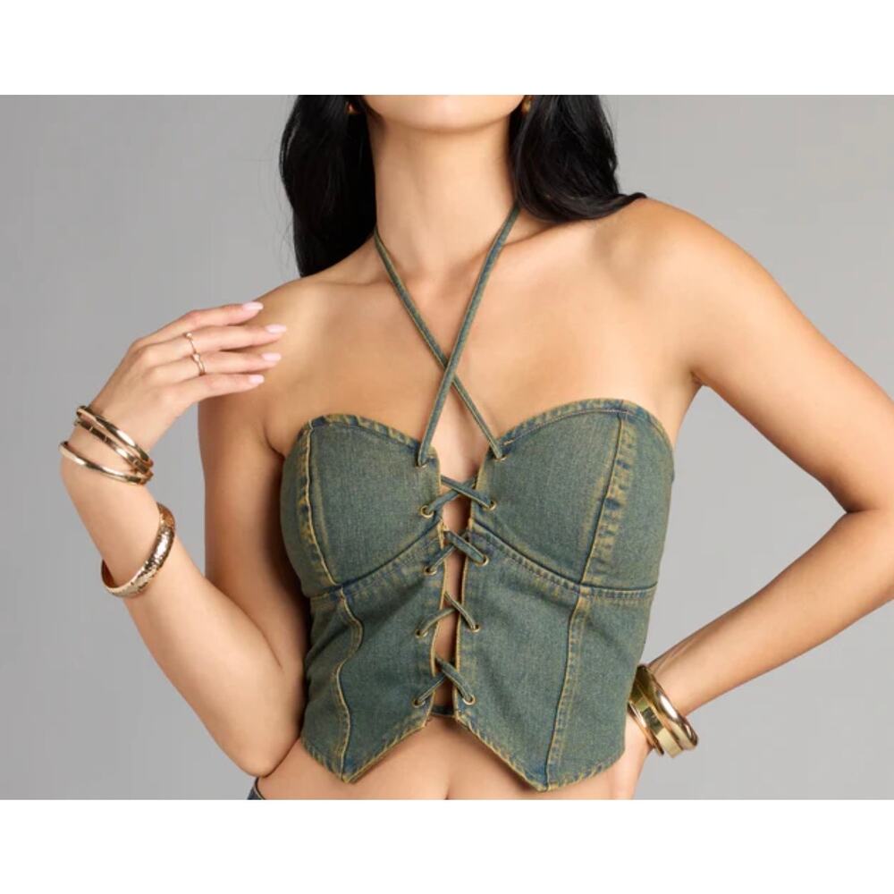 Lace Me Up Denim Halter Top Corset Vintage Vibes M NWT
